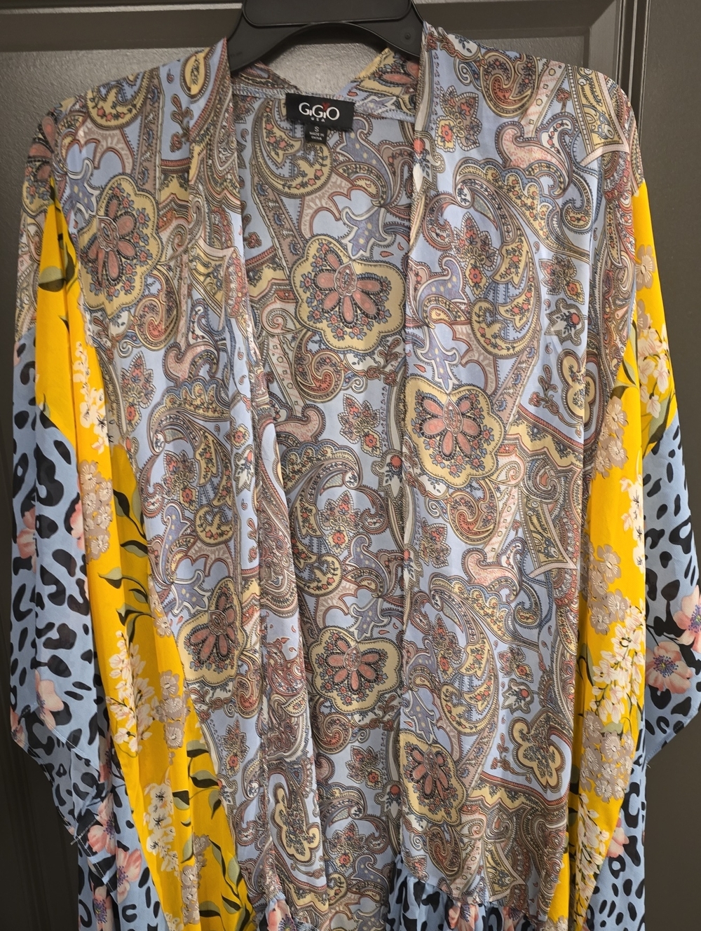 G.G.O Floral Paisley Open-Front Kimono in Yellow and Light Blue